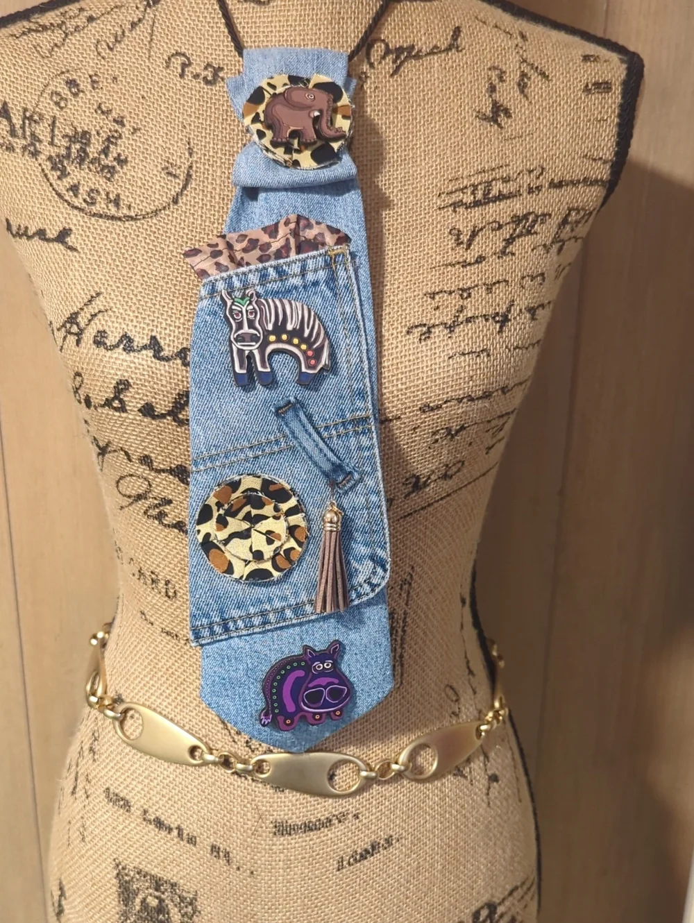 Denim Animal Pin & Tassel Tie- Blue